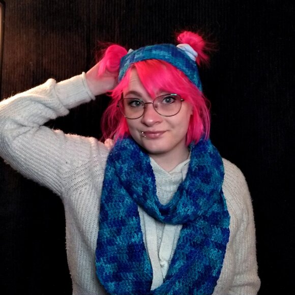 Handmade Crocheted Monochrome Blue Headband Earmuff & Infinity Scarf Set - Picture 1 of 4